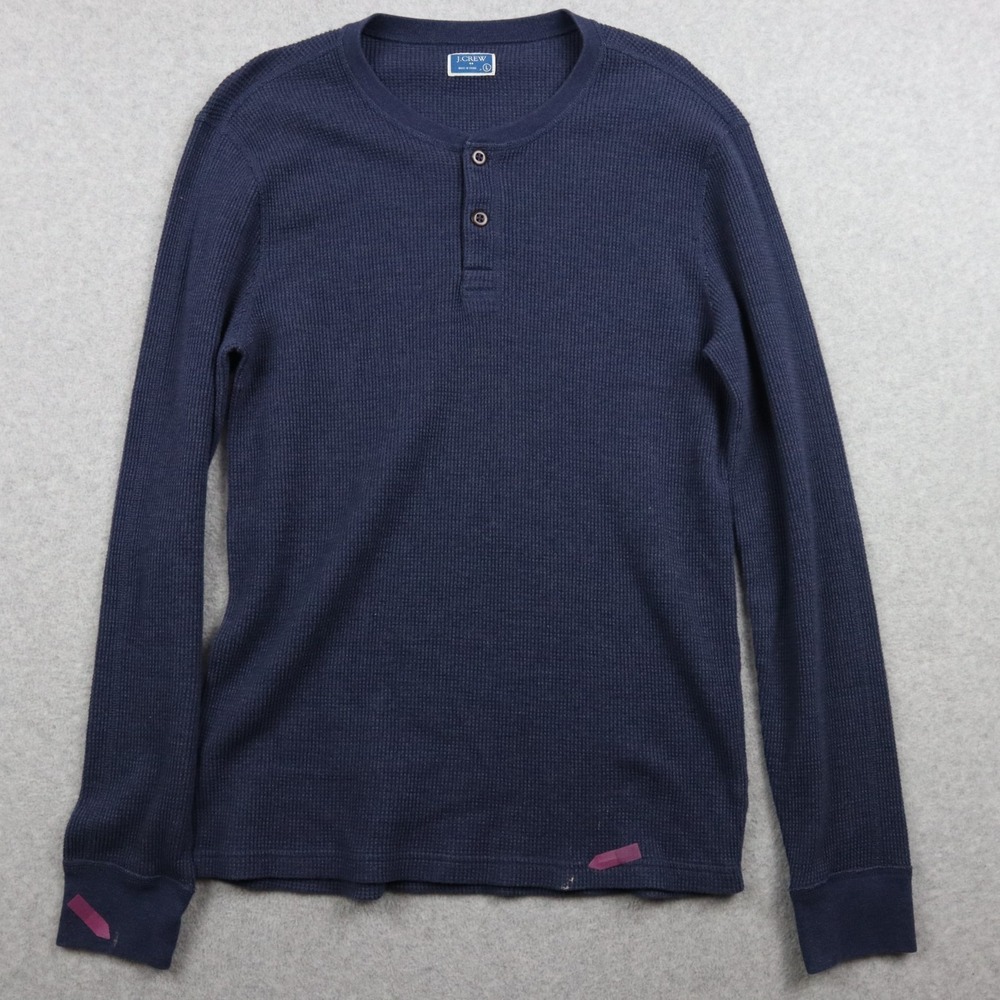 J Crew Henley Shirt Mens Large Thermal Waffle Knit Casual Dark Blue Long Sleeve‎